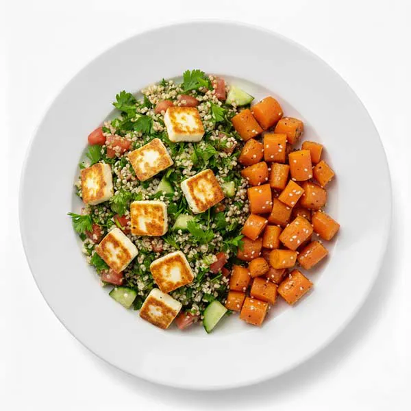 Roasted Sesame Carrot With Halloumi Tabbouleh salad